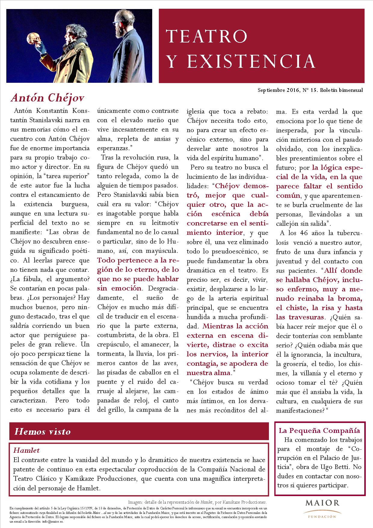  Boletín de Teatro y Existencia de La Pequeña Compañía de la Fundación Maior, con recomendaciones de la cartelera. Edición de Septiembre 2016