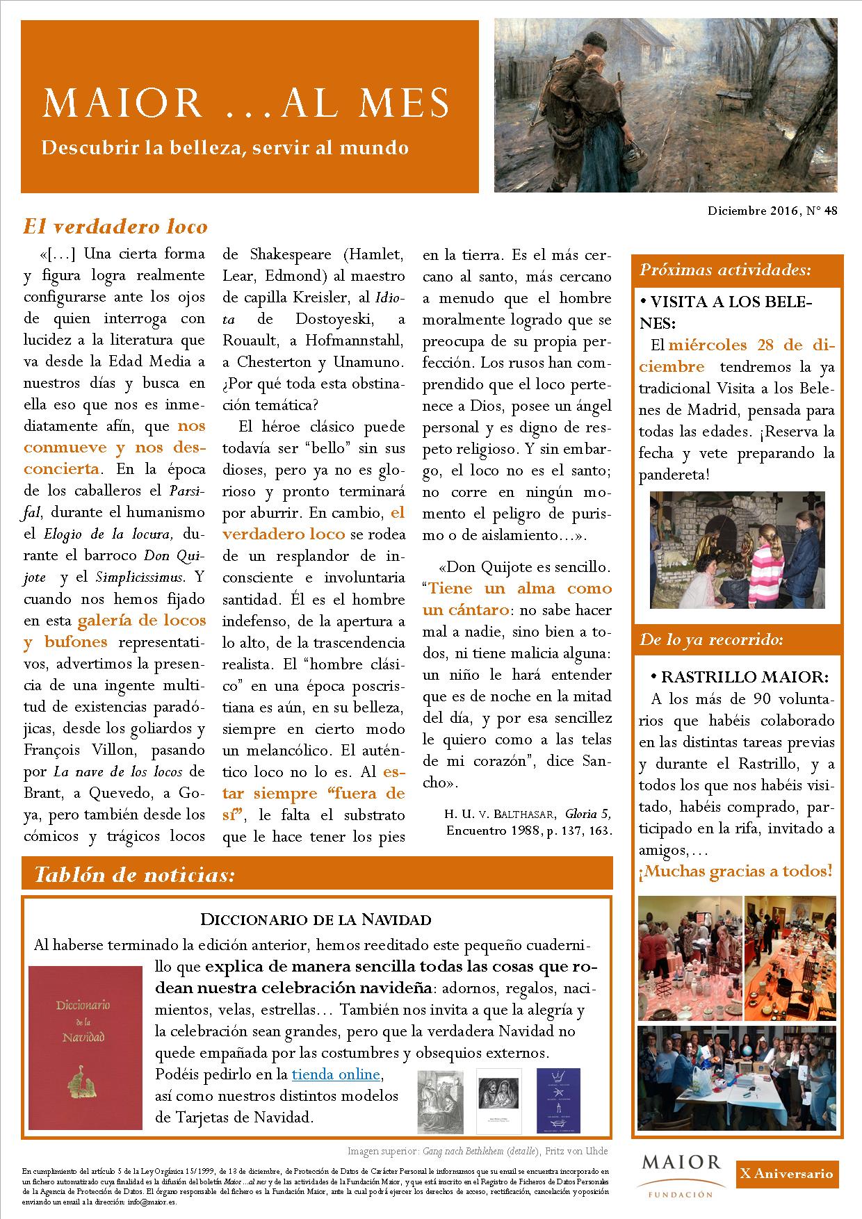 Boletín mensual de noticias y actividades de la Fundación Maior. Edición de diciembre 2016