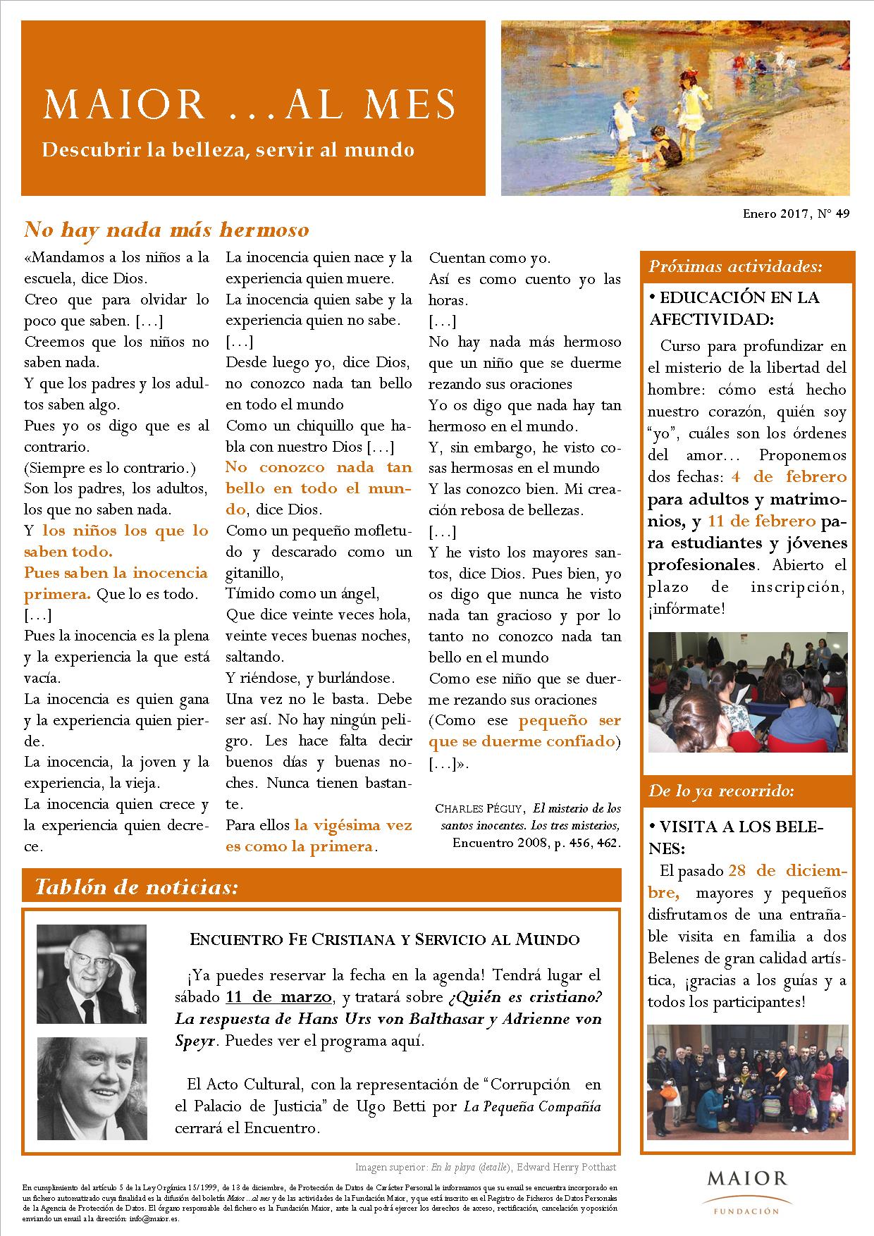 Boletín mensual de noticias y actividades de la Fundación Maior. Edición de enero 2017