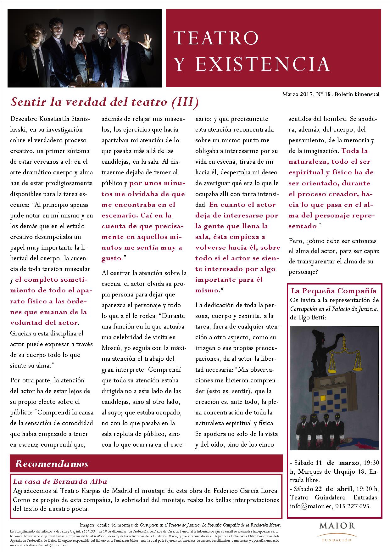 Boletín de Teatro y Existencia de La Pequeña Compañía de la Fundación Maior, con recomendaciones de la cartelera. Edición de Marzo 2017