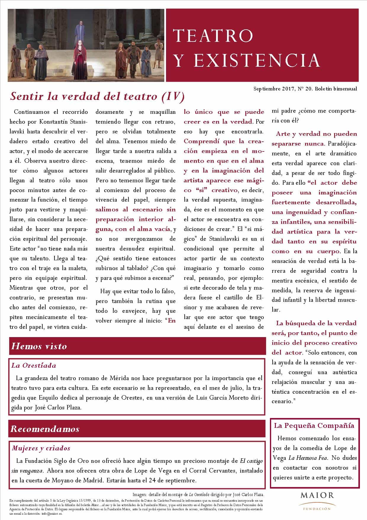 Boletín de Teatro y Existencia de La Pequeña Compañía de la Fundación Maior, con recomendaciones de la cartelera. Edición de Septiembre 2017