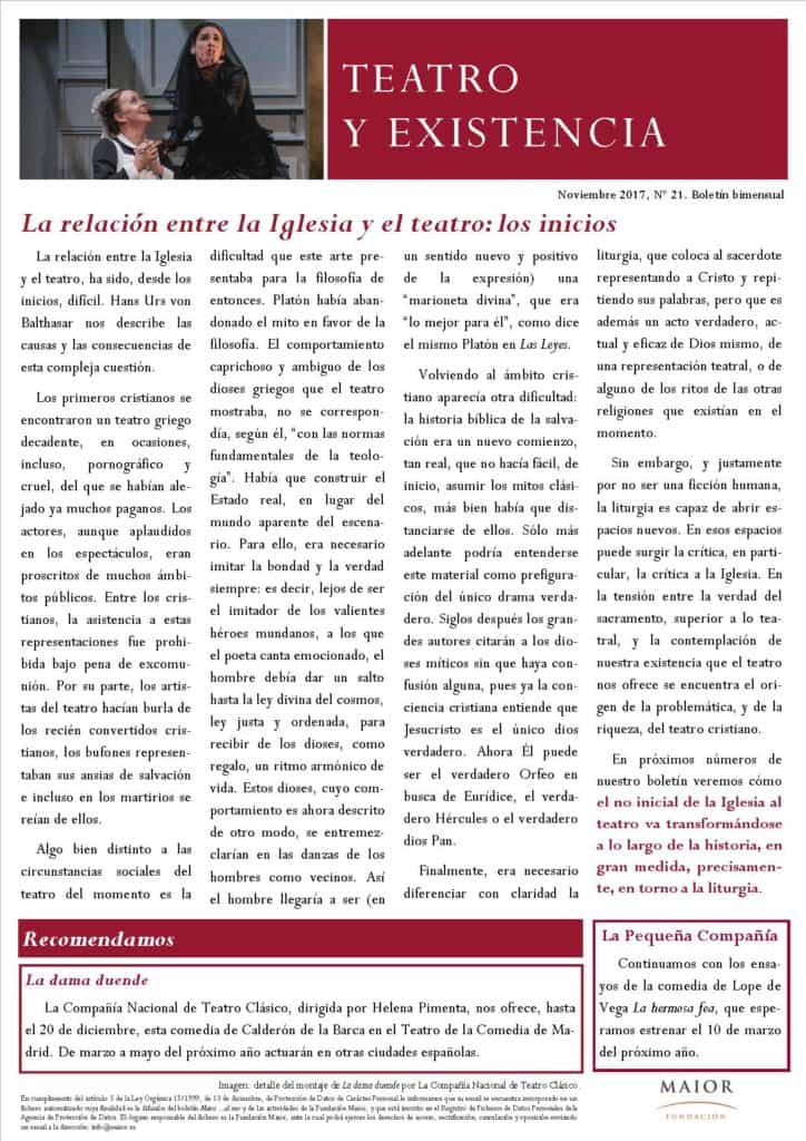 Boletín de Teatro y Existencia de La Pequeña Compañía de la Fundación Maior, con recomendaciones de la cartelera. Edición de Noviembre 2017
