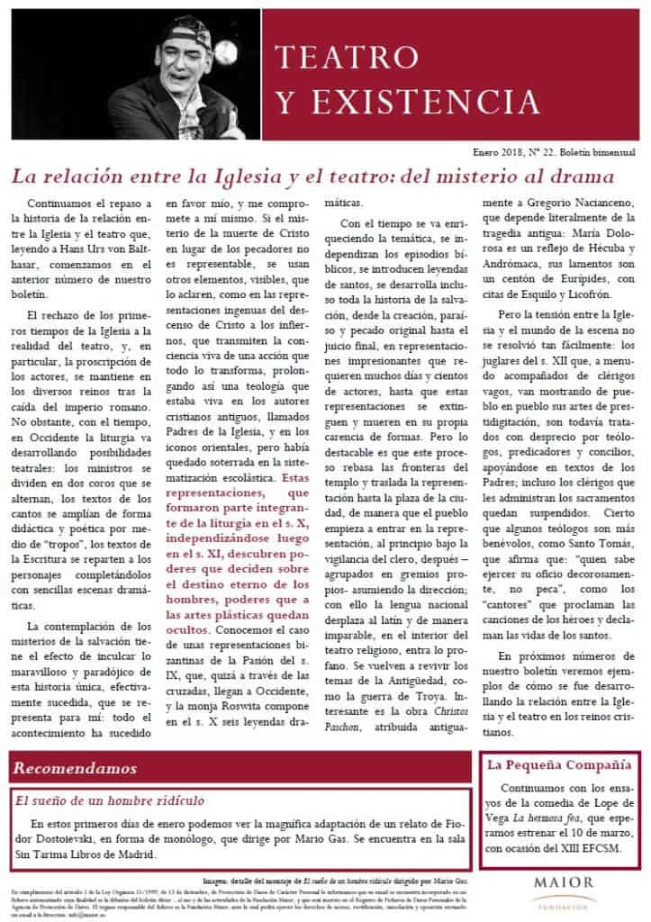 Boletín de Teatro y Existencia de La Pequeña Compañía de la Fundación Maior, con recomendaciones de la cartelera. Edición de Enero 2018