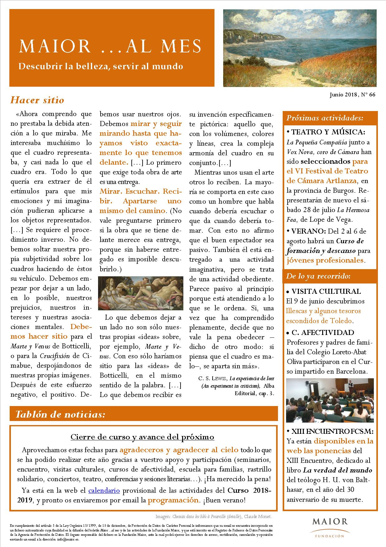 Boletín mensual de noticias y actividades de la Fundación Maior. Edición de julio 2018