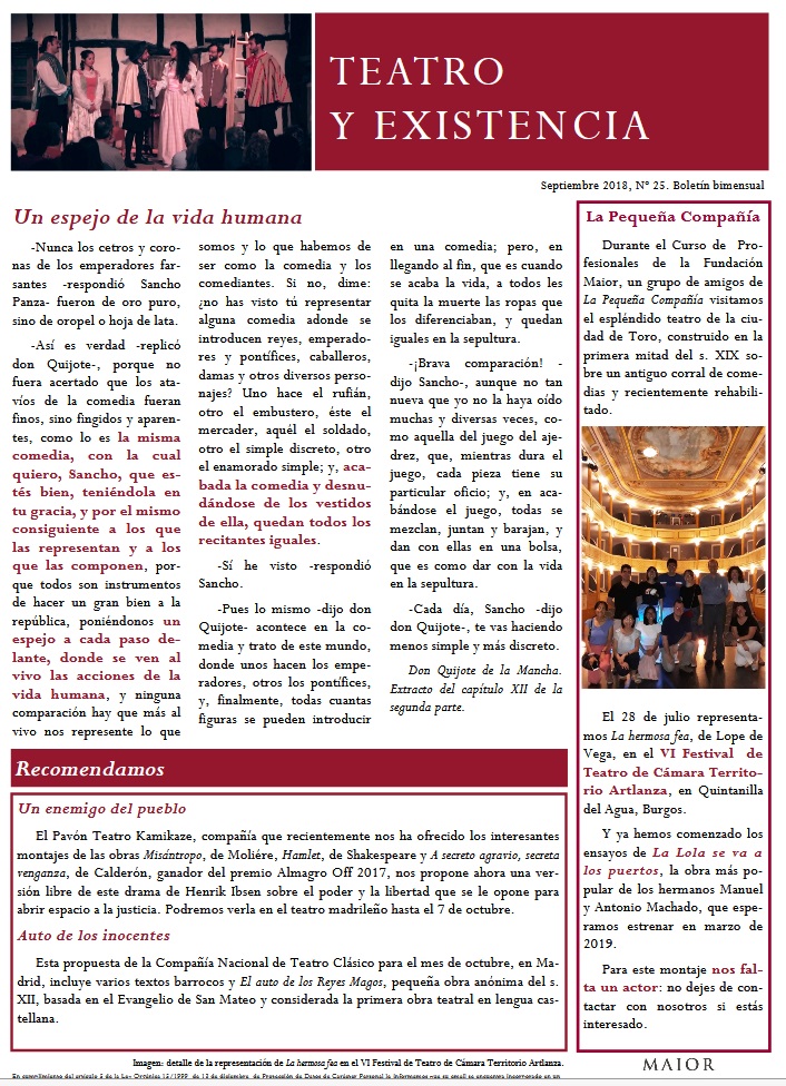 Boletín de Teatro y Existencia de La Pequeña Compañía de la Fundación Maior, con recomendaciones de la cartelera. Edición de Septiembre 2018