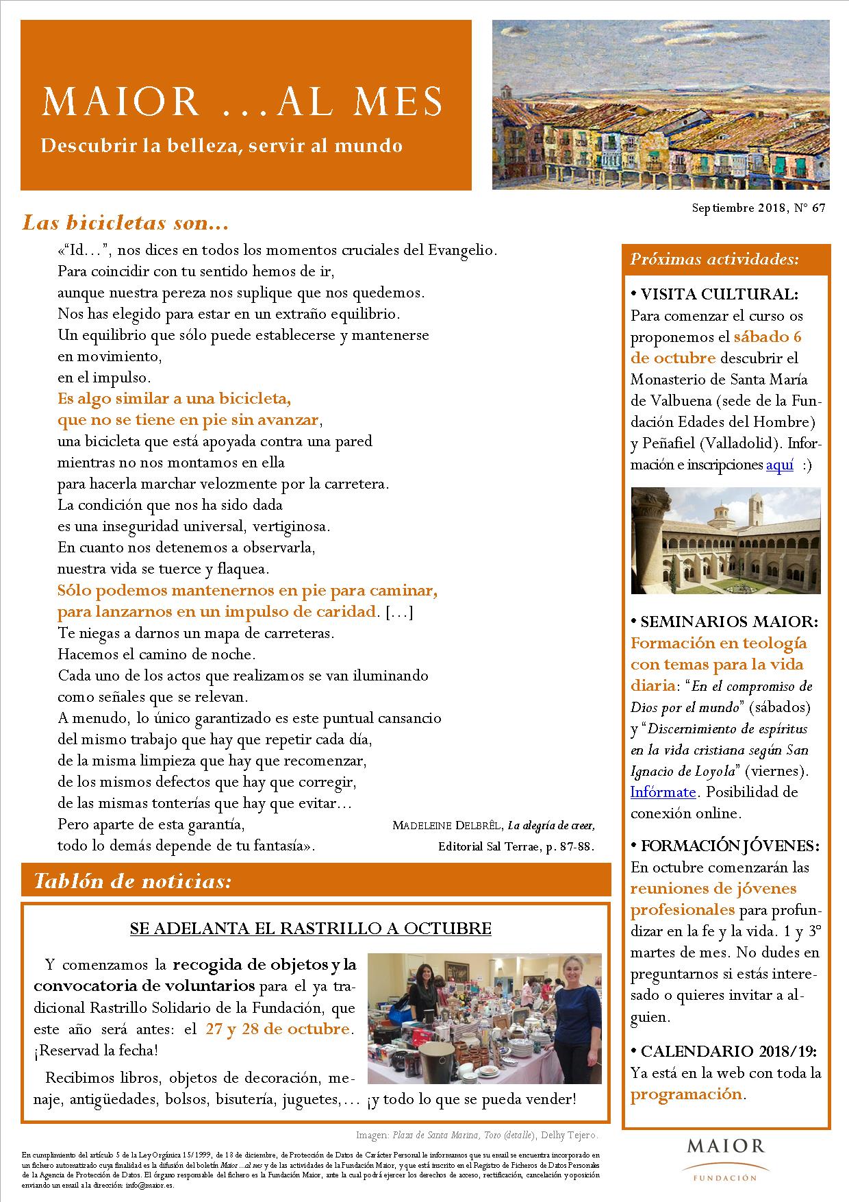 Boletín mensual de noticias y actividades de la Fundación Maior. Edición de septiembre 2018