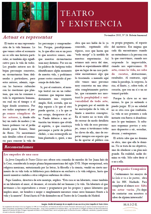 Boletín de Teatro y Existencia de La Pequeña Compañía de la Fundación Maior, con recomendaciones de la cartelera. Edición de Noviembre 2018