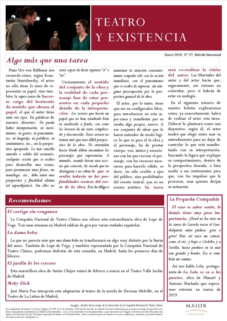Boletín de Teatro y Existencia de La Pequeña Compañía de la Fundación Maior, con recomendaciones de la cartelera. Edición de Enero 2019