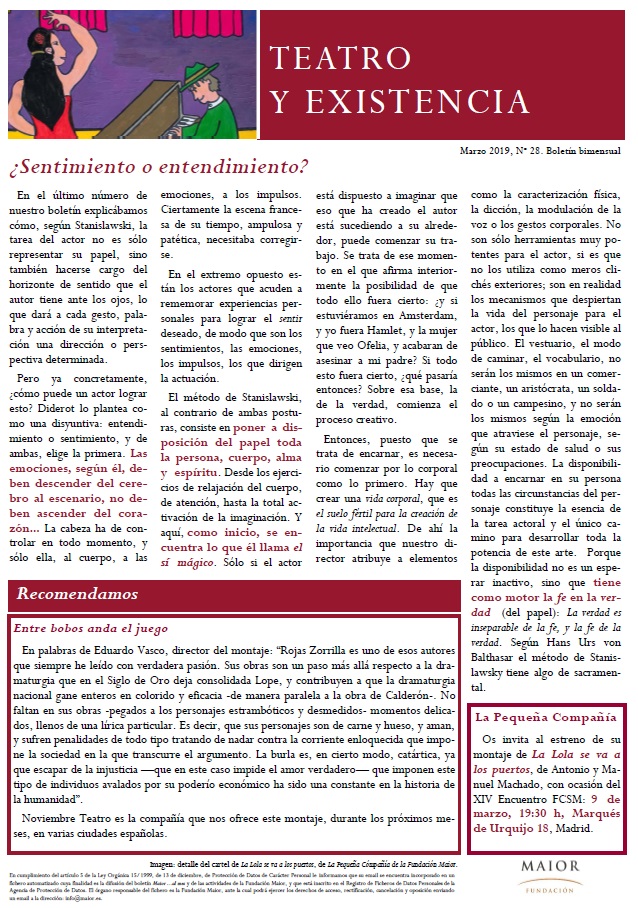 Boletín de Teatro y Existencia de La Pequeña Compañía de la Fundación Maior, con recomendaciones de la cartelera. Edición de Marzo 2019