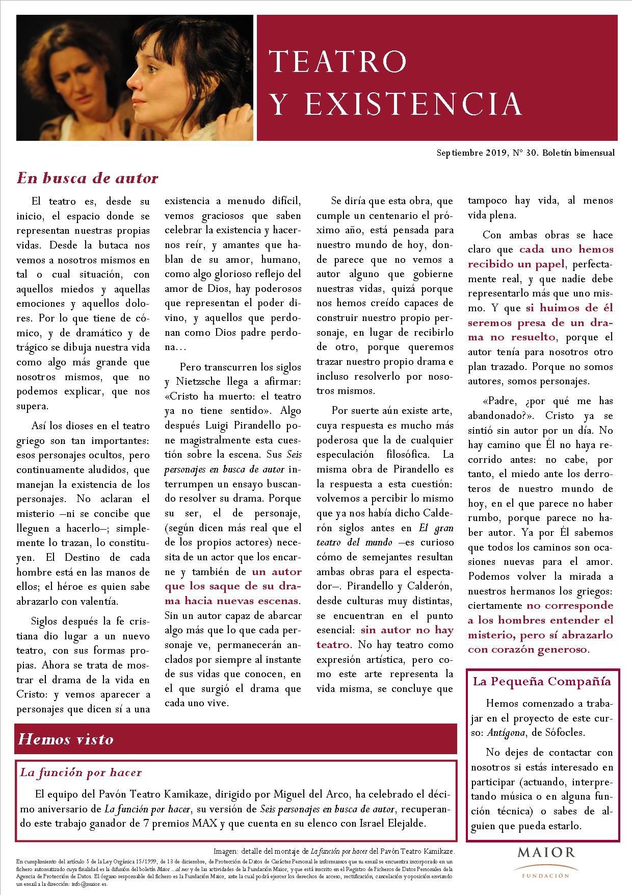 Boletín de Teatro y Existencia de La Pequeña Compañía de la Fundación Maior, con recomendaciones de la cartelera. Edición de Septiembre 2019