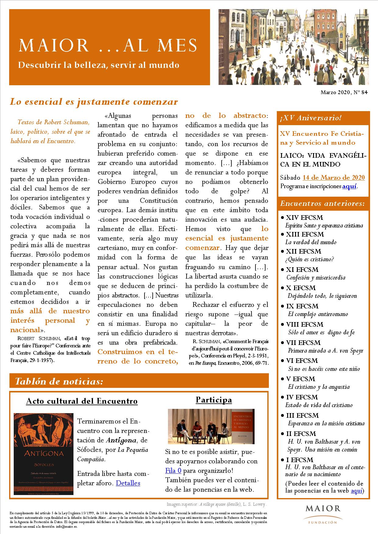 Boletín mensual de noticias y actividades de la Fundación Maior. Edición de marzo 2020