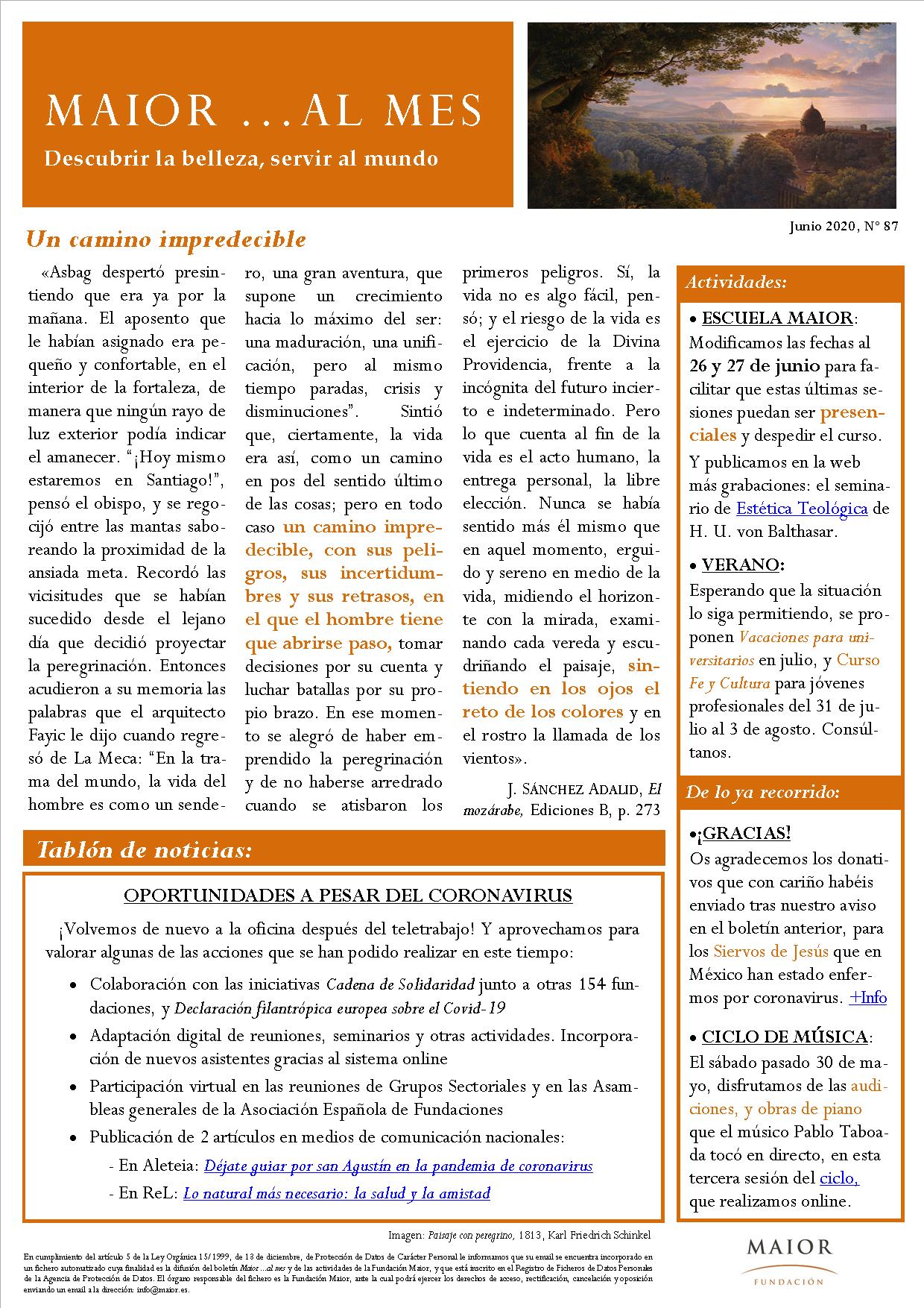 Boletín mensual de noticias y actividades de la Fundación Maior. Edición de junio 2020