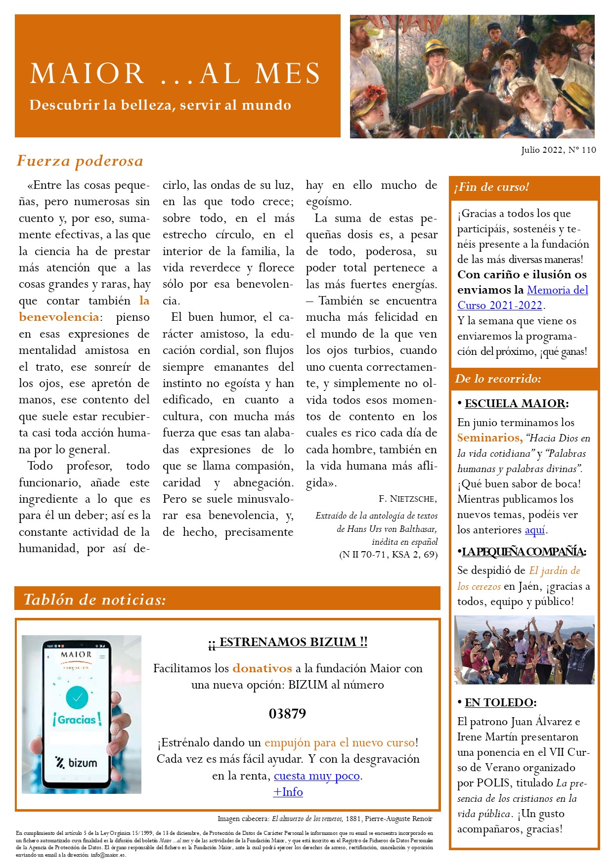 Boletín mensual de noticias y actividades de la Fundación Maior. Edición de julio 2022