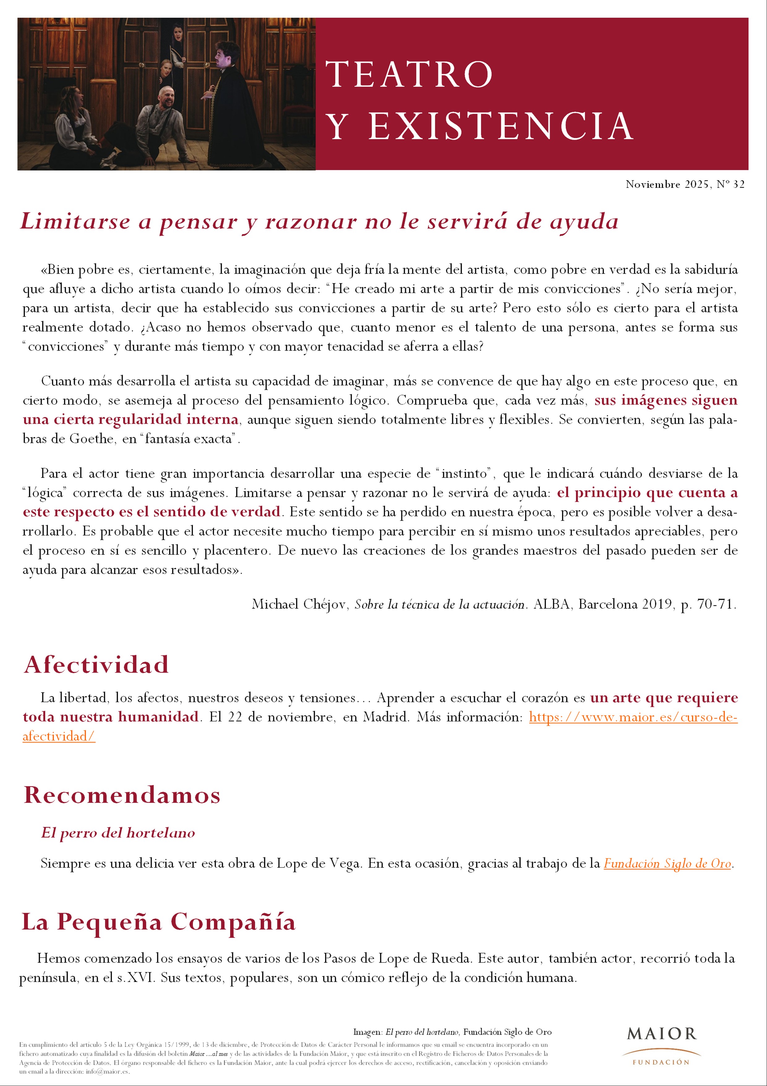 Boletín de Teatro y Existencia de La Pequeña Compañía de la Fundación Maior, con recomendaciones de la cartelera. Edición de Noviembre 2025