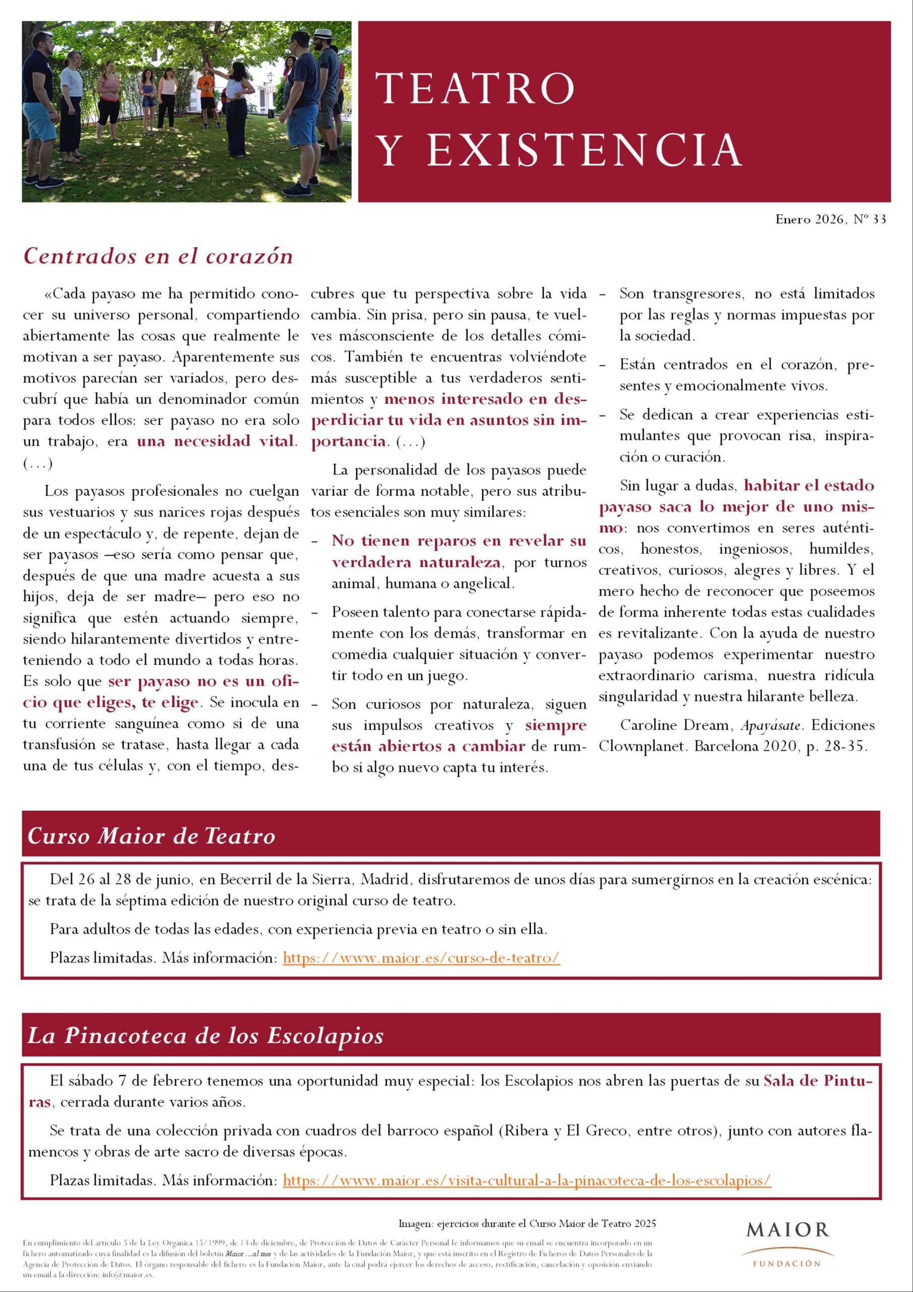 Boletín de Teatro y Existencia de La Pequeña Compañía de la Fundación Maior, con recomendaciones de la cartelera. Edición de Enero 2026